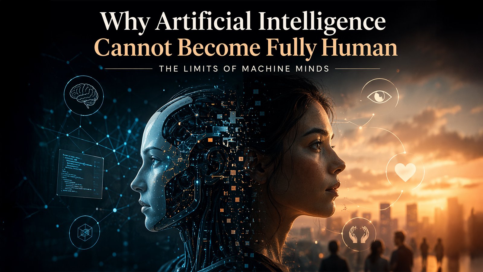 Artificial intelligence and human mind comparison showing why AI cannot become fully human
