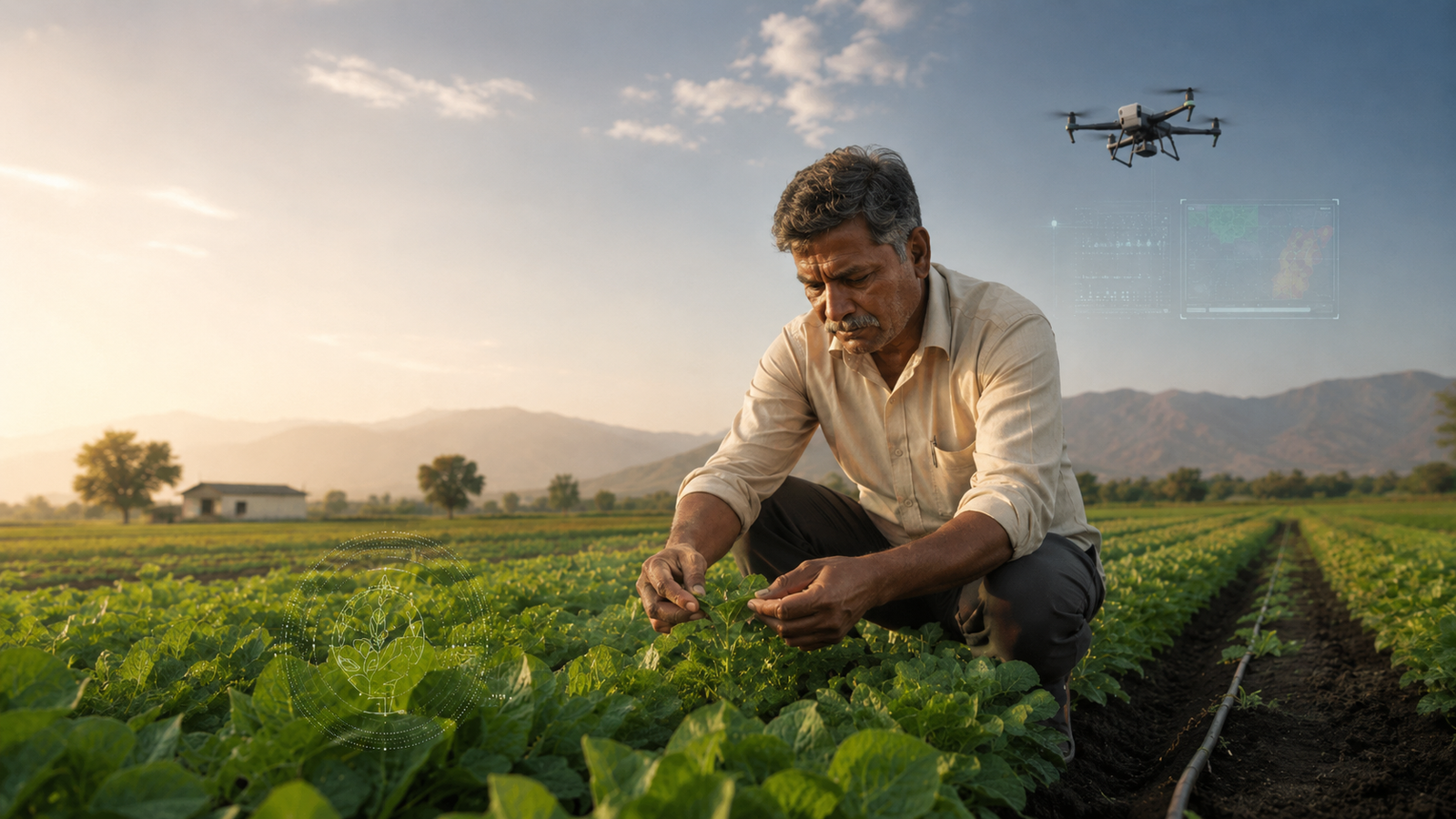 A farmer examines green crops in a field while a drone and subtle AI data overlays show how smart farming supports but cannot replace human judgement.