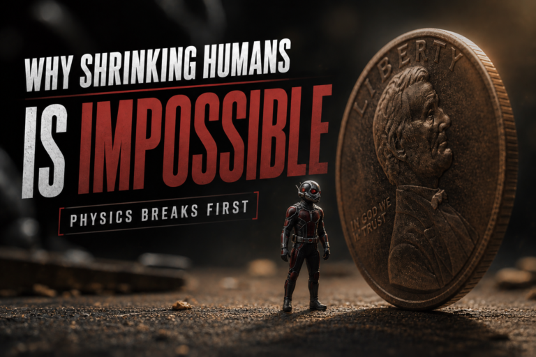 Tiny Ant-Man style human beside a coin showing why shrinking humans is impossible in real physics
