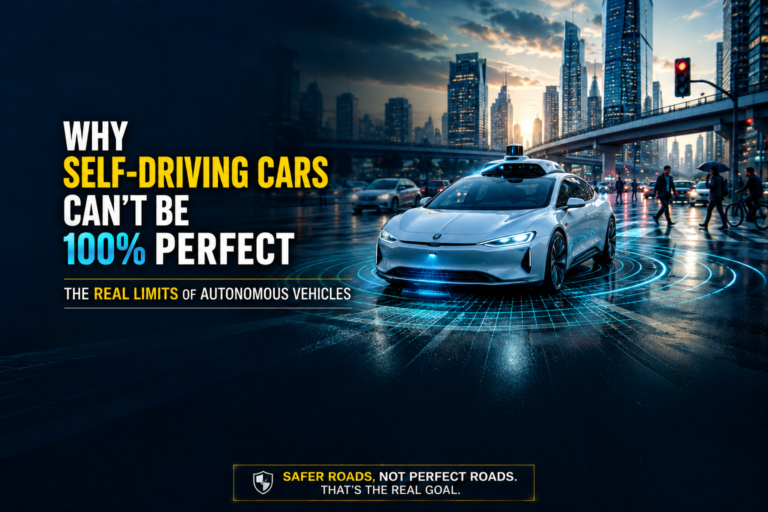 Self-driving car on a road showing why autonomous vehicles cannot be 100 percent perfect