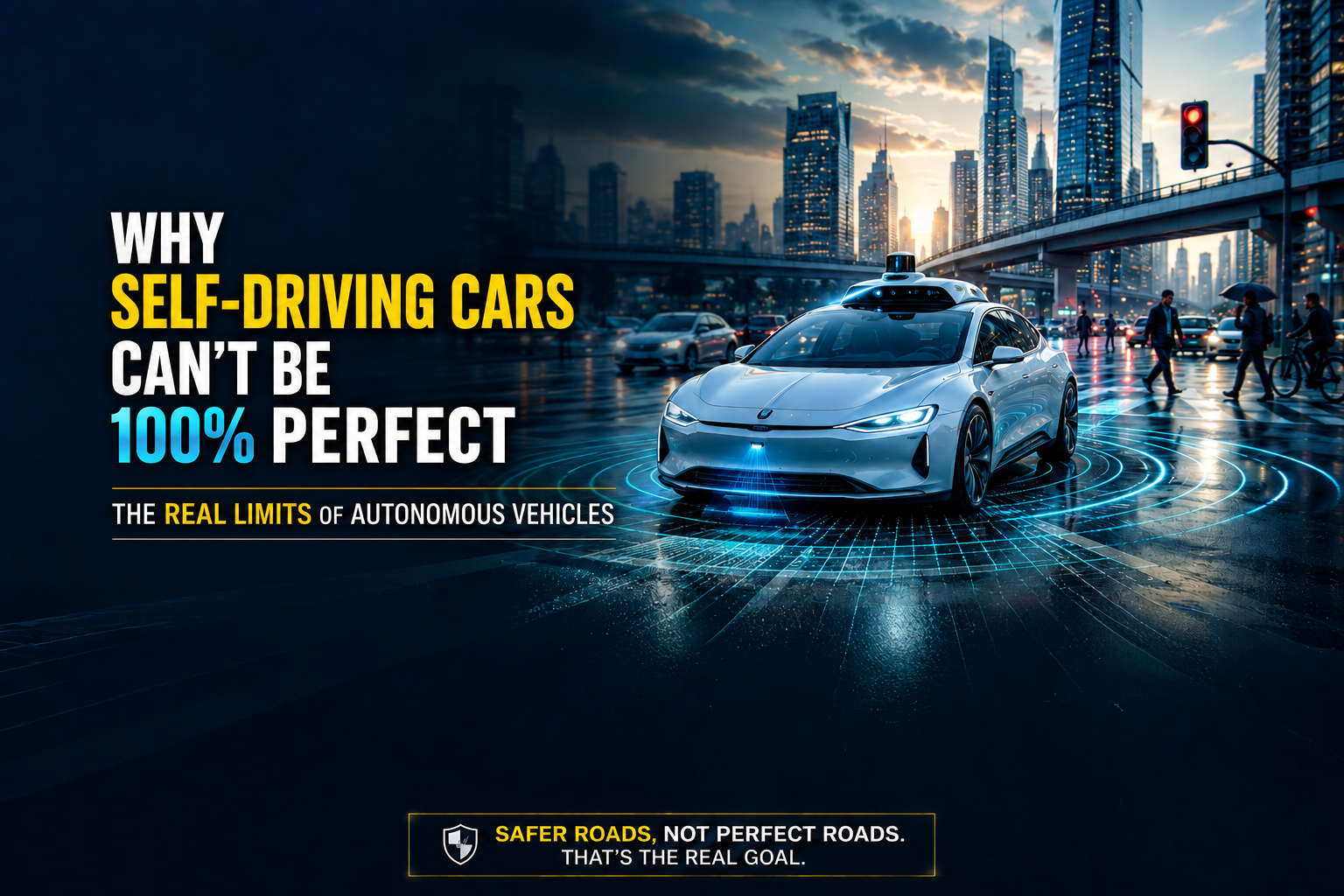 Self-driving car on a road showing why autonomous vehicles cannot be 100 percent perfect