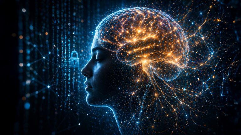 Human brain and computer hacking concept showing why the brain cannot be hacked like a computer