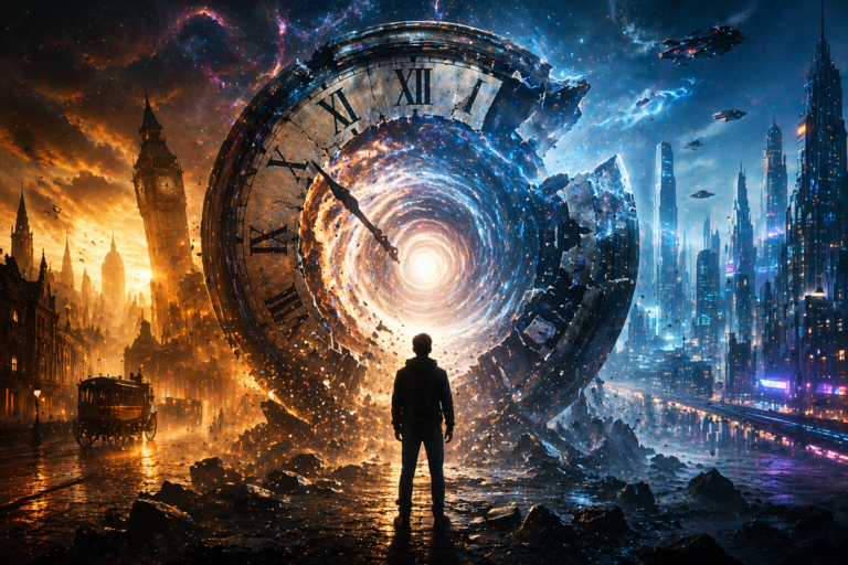 Person facing a broken clock and spacetime tunnel showing why time travel to the past is probably impossible
