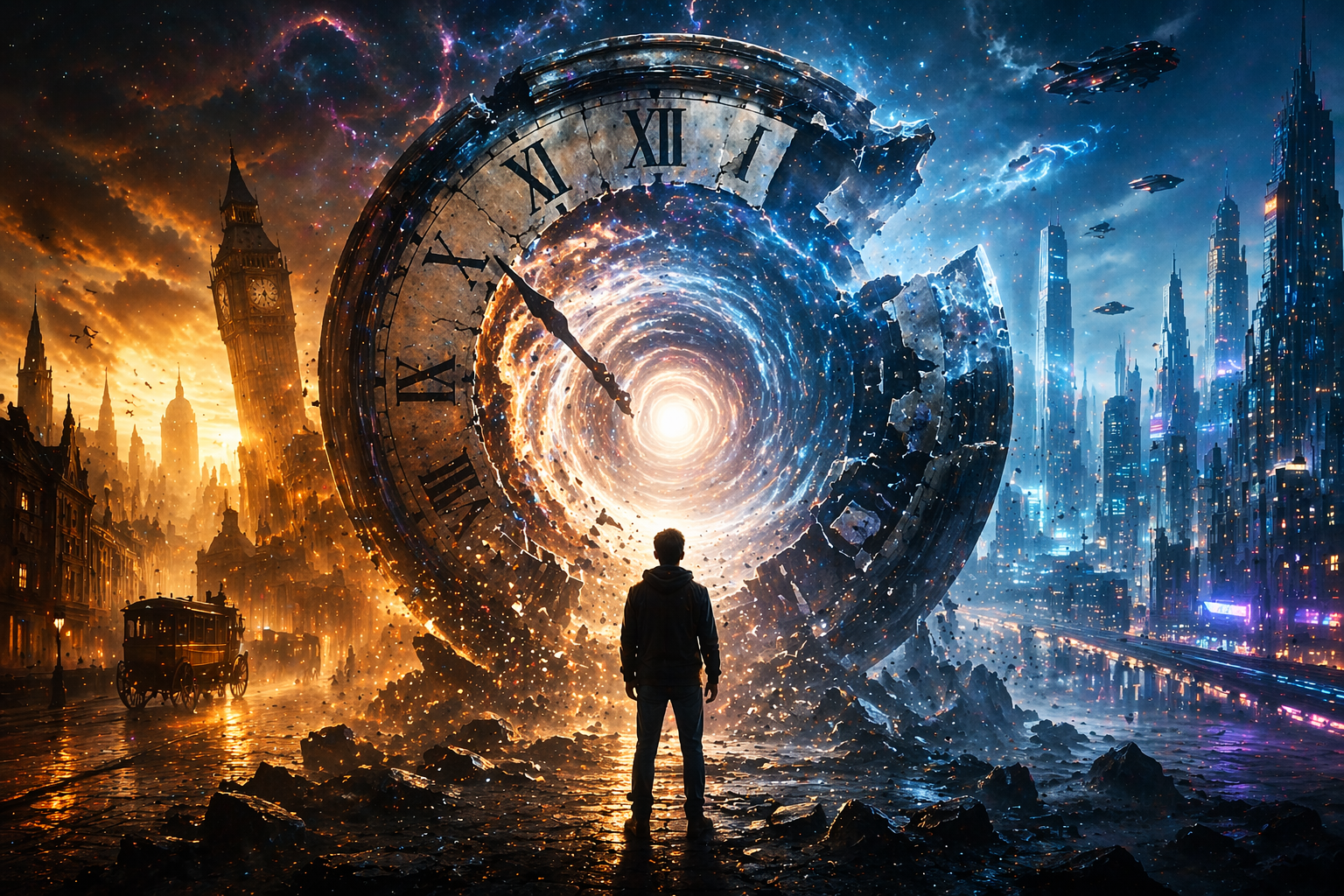 Person facing a broken clock and spacetime tunnel showing why time travel to the past is probably impossible