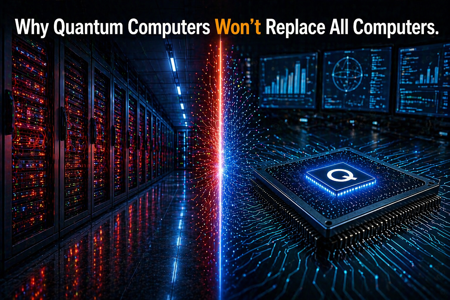 Quantum computer and classical computer showing why quantum computers will not replace all computers