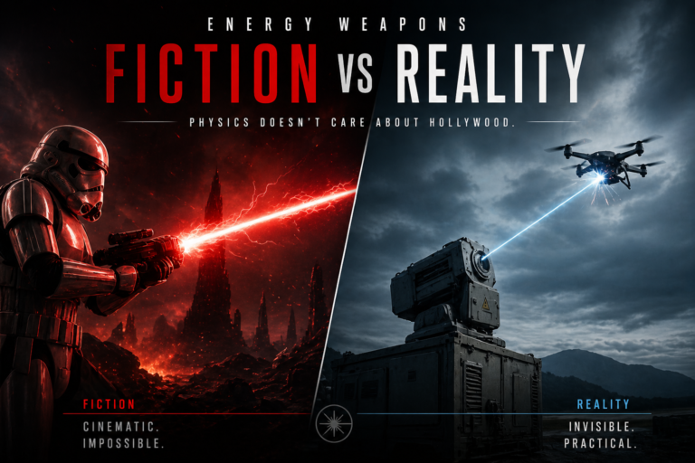 Fiction versus reality energy weapons showing why movie-style laser weapons cannot exist because of real physics limits