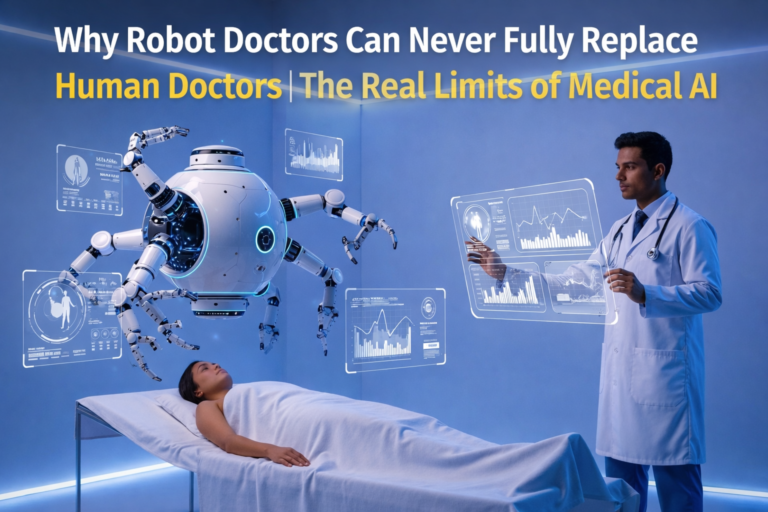 For decades, science fiction imagined a future where machines diagnose diseases instantly, perform flawless surgeries, and replace human doctors completely. Today, that future feels closer than ever. AI can read scans. Predict risks. Support robotic surgery. Analyse patient data faster than humans. Help hospitals work more efficiently. But one truth remains unchanged: Medicine is not only pattern recognition. It is judgement, trust, ethics, responsibility, and human presence during uncertainty. That is why robot doctors may become powerful medical assistants. But fully replacing human doctors is still unrealistic. Robot doctor and human doctor showing why medical AI can assist healthcare but cannot fully replace human judgement, empathy and trust The Core Truth AI is excellent at finding patterns in data. But patients are not just data. A patient may arrive with unclear symptoms, fear, pain, family pressure, cultural concerns, financial limits, and emotional uncertainty. A machine can process information. A doctor must understand the person behind it. That difference changes everything. 1. Medicine Needs Human Judgement Diagnosis is not always simple. Two patients with the same disease may show different symptoms, different side effects, different recovery speeds, and different hidden risks. AI can suggest possibilities. But real medicine often happens in the grey area — where symptoms are confusing, test results conflict, and the safest choice is not obvious. A doctor does more than choose the most likely answer. A doctor reads the full situation. That includes the body, the history, the patient’s fear, the family context, and the risk of being wrong. This kind of judgement cannot be fully automated. 2. Empathy Is Not a Bonus In medicine, empathy is not decoration. It is part of care. When someone hears life-changing news — cancer, organ failure, a risky surgery, or a long-term condition — they do not only need medical facts. They need presence. They need someone who can explain, listen, pause, reassure, and respond to fear in a human way. AI may generate comforting words. But it does not truly share responsibility for the pain, uncertainty, and emotional weight of illness. That is why human connection remains one of the strongest limits to full replacement. 3. Ethical Decisions Need Human Accountability Doctors do not only solve technical problems. They also face moral decisions. Should an elderly patient undergo a risky surgery? Should life support continue? How should bad news be explained to a family? What happens when patient wishes conflict with medical probability? These choices involve dignity, consent, culture, values, and responsibility. No algorithm can truly carry moral accountability in the way a human professional can. AI may support the decision. But the final responsibility must remain human. 4. Robotic Surgery Still Needs Surgeons Robotic surgery is one of medicine’s greatest technological achievements. But the word “robotic” can be misleading. Most robotic surgeries are not independent machines operating alone. They are advanced tools guided by trained surgeons. During surgery, unexpected situations can appear: bleeding, tissue variation, abnormal anatomy, instrument difficulty, or sudden complications. A surgeon must adapt in real time. That flexibility is the key. Technology can improve precision. But precision is not the same as independent medical judgement. 5. Trust Cannot Be Programmed Completely Healthcare depends on trust. Patients want to know who is responsible when something goes wrong. If an AI system gives a wrong diagnosis, who answers? The hospital? The software company? The engineer? The doctor? The AI itself? This accountability gap is one of the biggest barriers to fully autonomous robot doctors. Patients do not only want speed. They want explanation, responsibility, reassurance, and someone they can question. In life-critical decisions, trust still favours human doctors. 6. AI Works Best as a Partner, not a Replacement The future of medicine is not AI versus doctors. It is AI with doctors. AI can help doctors detect patterns faster, reduce paperwork, improve scan analysis, support treatment planning, and make hospitals more efficient. That is powerful. But the best use of medical AI is not removing the doctor from the room. It is giving doctors better tools. A robot may assist the hand. AI may assist the mind. But the human doctor still carries the judgement, responsibility, and trust at the center of care. Final Thought Robot doctors will keep improving. They will make medicine faster, sharper, and more data-driven. But replacing human doctors completely is different. A hospital is not just a system of machines. It is a place where people face pain, fear, hope, risk, and life-changing decisions. That is why full replacement remains unrealistic. Not because AI is weak. But because medicine is deeply human. Conclusion Robot doctors can transform healthcare. They can improve diagnosis, surgery, monitoring, and hospital efficiency. But they cannot fully replace human doctors because medicine depends on judgement, empathy, ethics, accountability, trust, and real-time human decision-making. The future is not doctor versus machine. The future is better doctors using better machines. And that partnership is far more powerful than replacement.