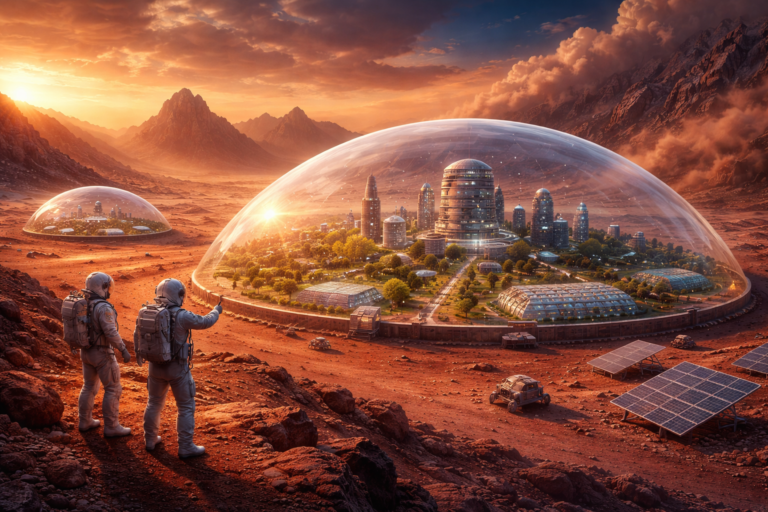 Mars colony under protective domes showing why humans cannot survive on Mars without sealed habitats