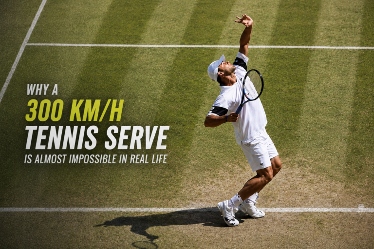 Tennis player serving on grass court showing why a 300 km/h tennis serve is almost impossible in real life