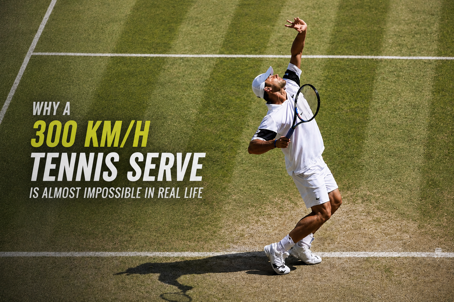 Tennis player serving on grass court showing why a 300 km/h tennis serve is almost impossible in real life