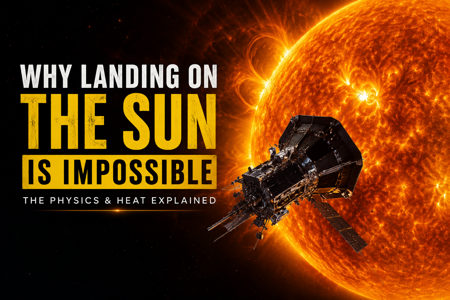 Spacecraft near the Sun showing why landing on the Sun is impossible because of extreme heat radiation plasma and no solid surface