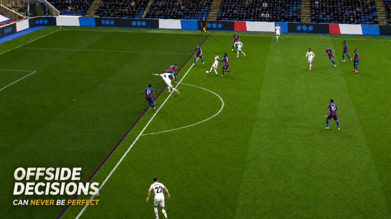 Football offside decision with VAR lines showing why offside calls can never be perfectly accurate