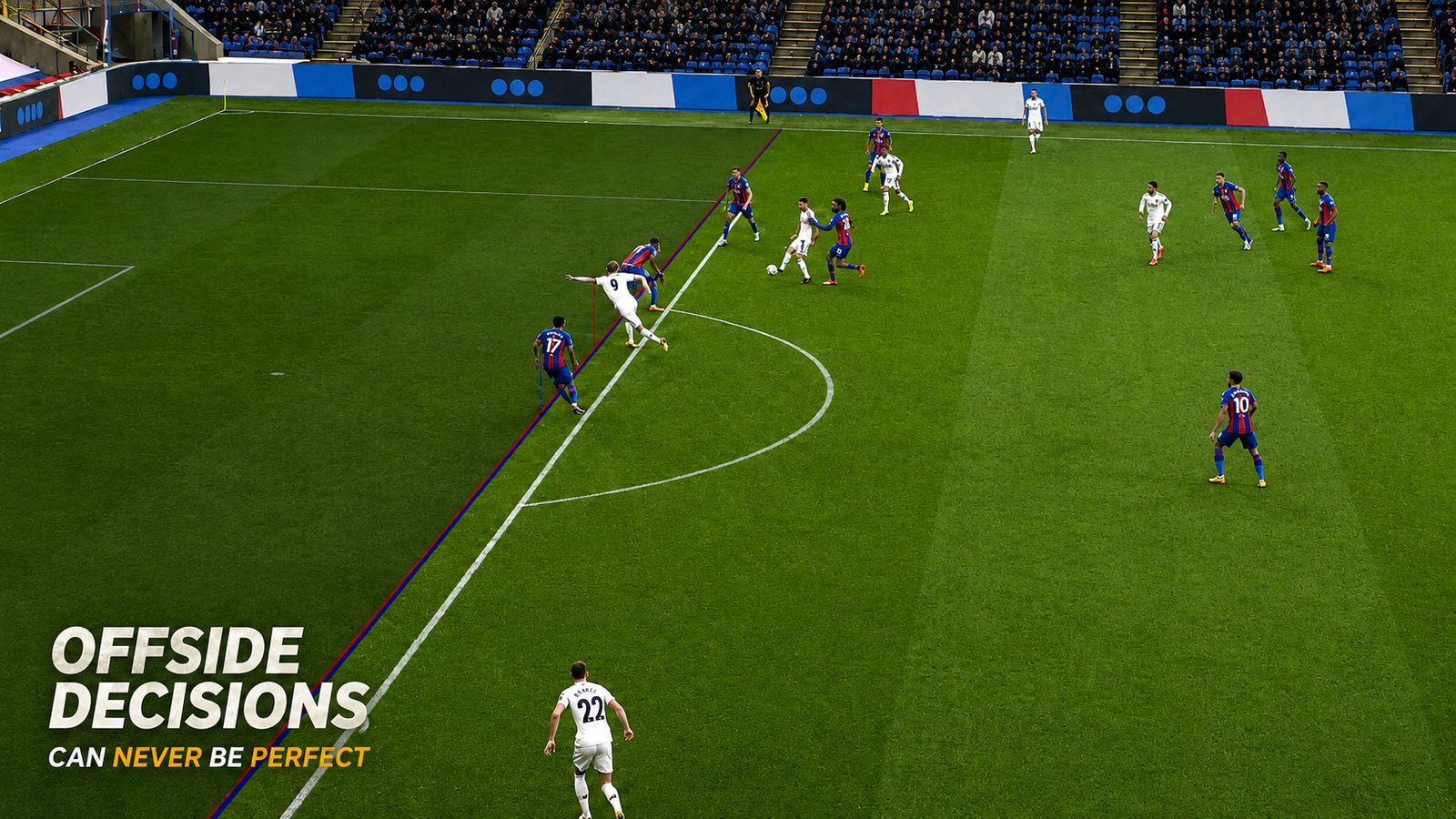 Football offside decision with VAR lines showing why offside calls can never be perfectly accurate