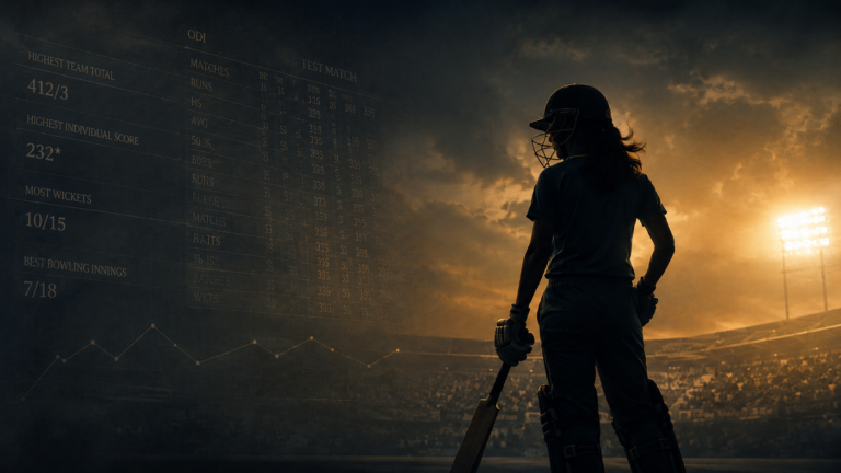 Female cricketer silhouette in a stadium with faded ODI and Test record boards, representing women’s cricket records that may never be broken
