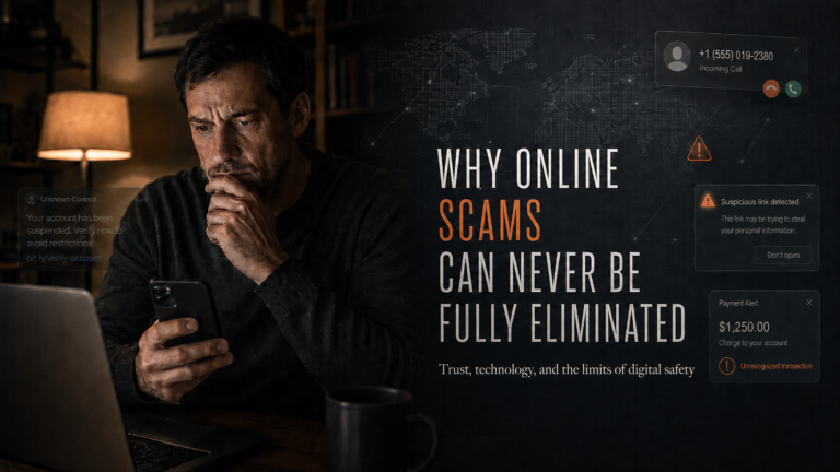 Online scams and cyber fraud warning showing why internet scams can never be fully eliminated