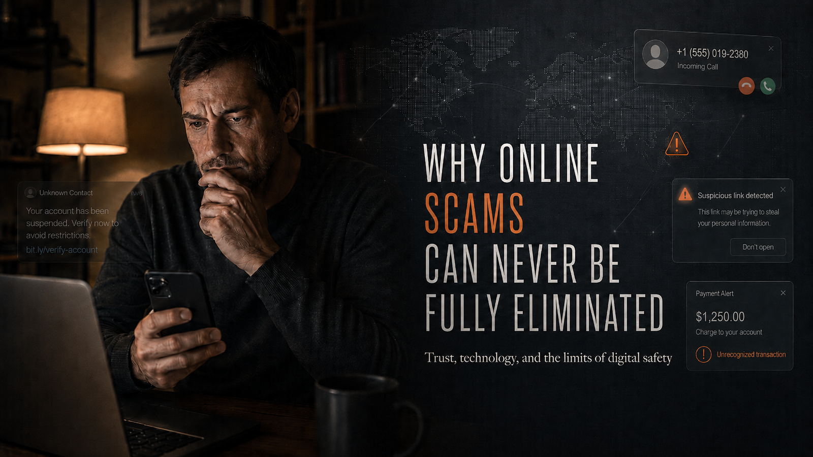 Online scams and cyber fraud warning showing why internet scams can never be fully eliminated