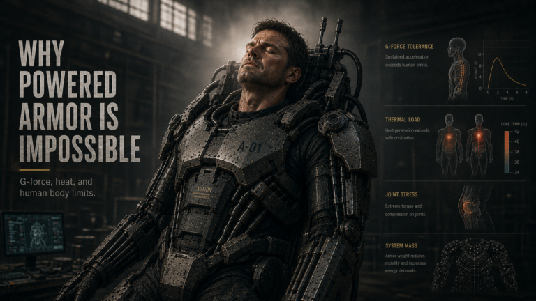 Powered armor suit showing why Iron Man’s suit is impossible in real life because of G-force heat joint stress and human body limits