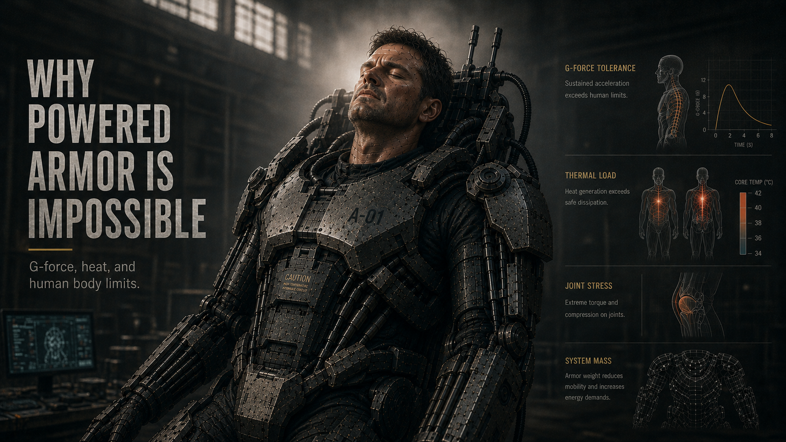 Powered armor suit showing why Iron Man’s suit is impossible in real life because of G-force heat joint stress and human body limits