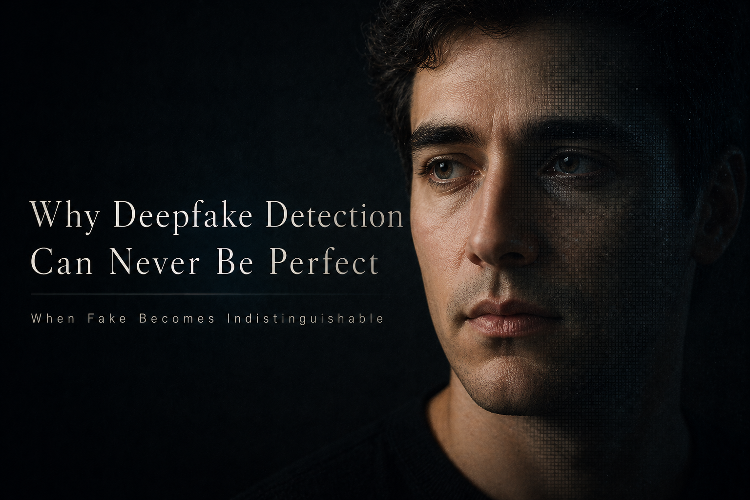 Human face partly transformed into digital pixels showing why deepfake detection can never be perfect