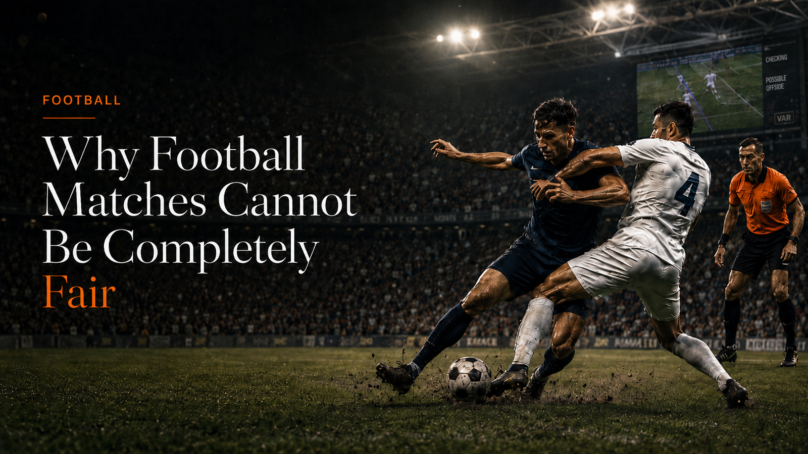 Football tackle with referee and VAR screen showing why football matches cannot be completely fair