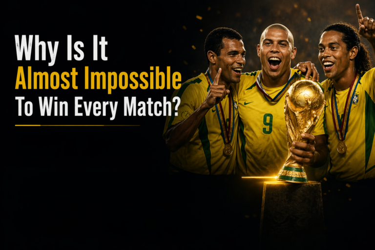 FIFA World Cup trophy and football legends showing why winning every match is almost impossible