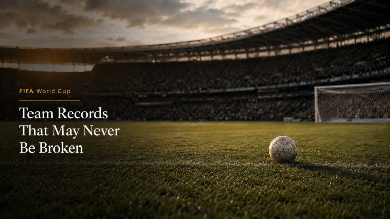 Football on a golden-hour stadium pitch with the title FIFA World Cup Team Records That May Never Be Broken