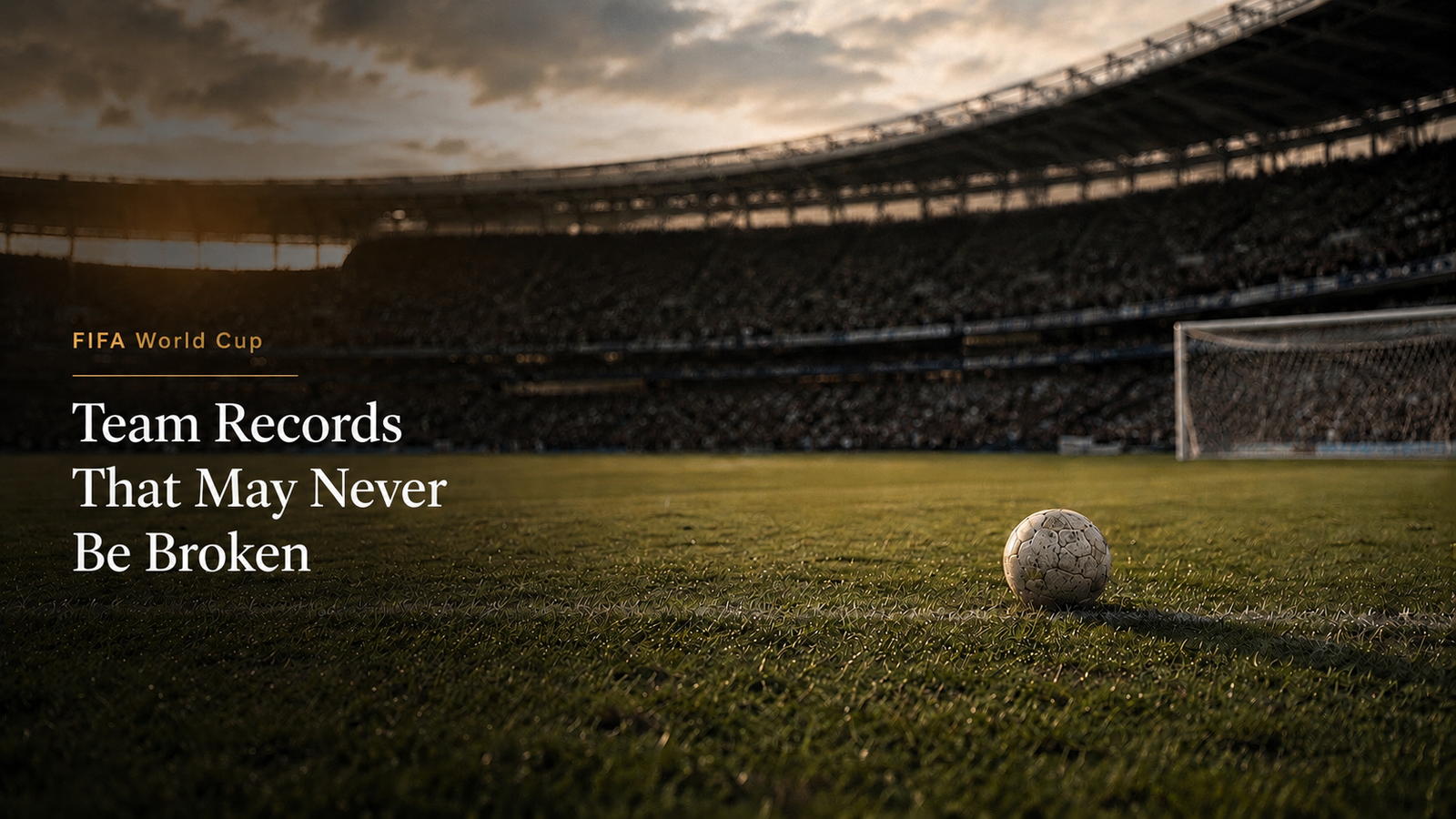 Football on a golden-hour stadium pitch with the title FIFA World Cup Team Records That May Never Be Broken
