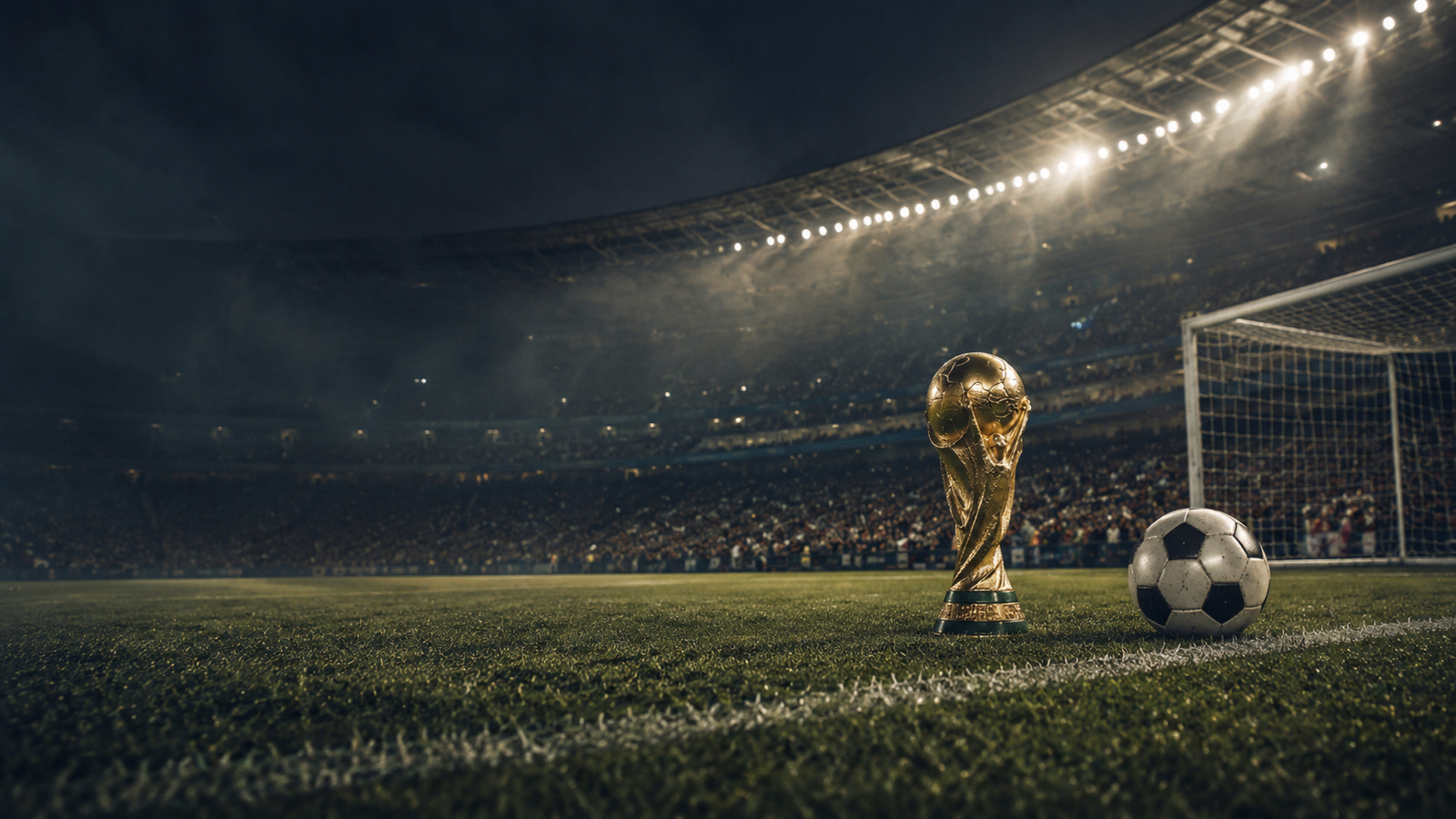 A golden World Cup-style trophy and football placed on wet grass near a goal inside a packed night stadium, representing FIFA World Cup individual records that may never be broken.