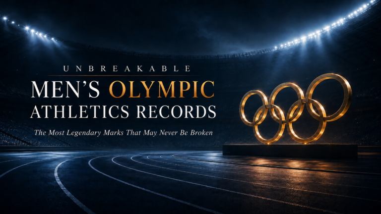 Premium stadium hero image showing men’s Olympic athletics records, a dark running track, golden rings, and dramatic floodlights for an article on unbreakable Olympic records.