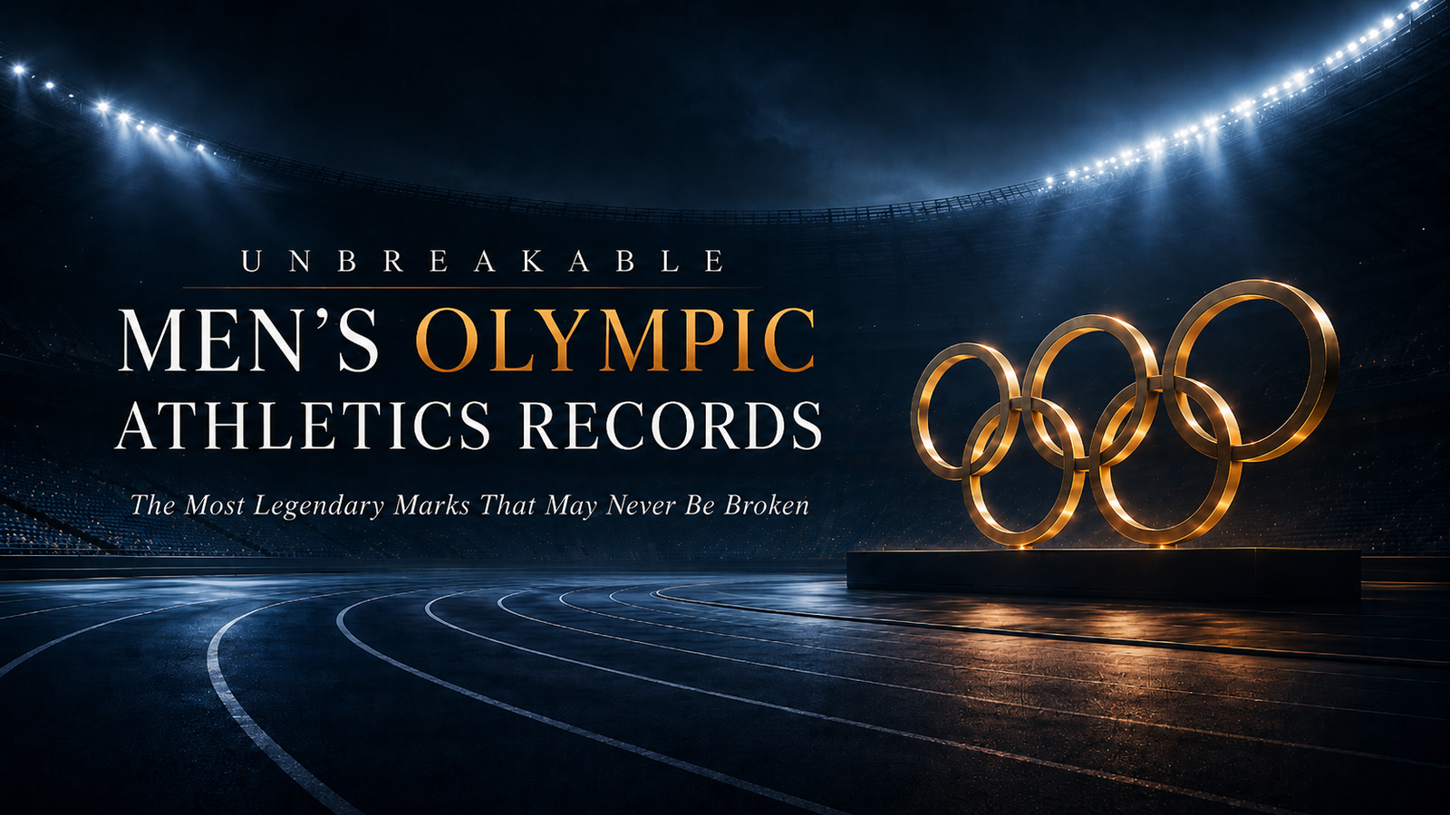Premium stadium hero image showing men’s Olympic athletics records, a dark running track, golden rings, and dramatic floodlights for an article on unbreakable Olympic records.