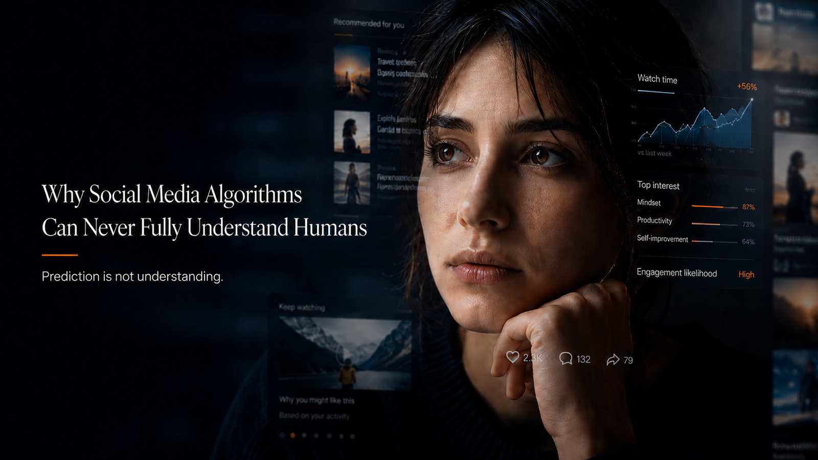 A cinematic tech hero image showing a thoughtful woman surrounded by social media algorithm data, watch time graphs, and recommendation signals, representing why algorithms can predict behavior but cannot fully understand humans.