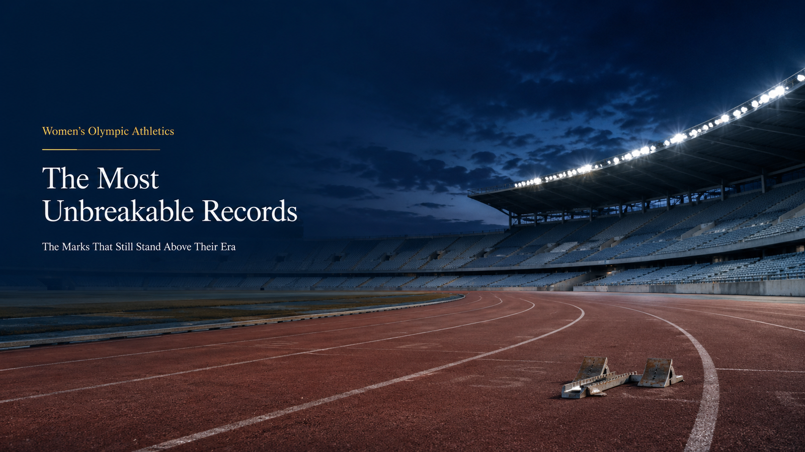 Empty athletics stadium at night with running track and starting blocks for an article on unbreakable women’s Olympic athletics records.