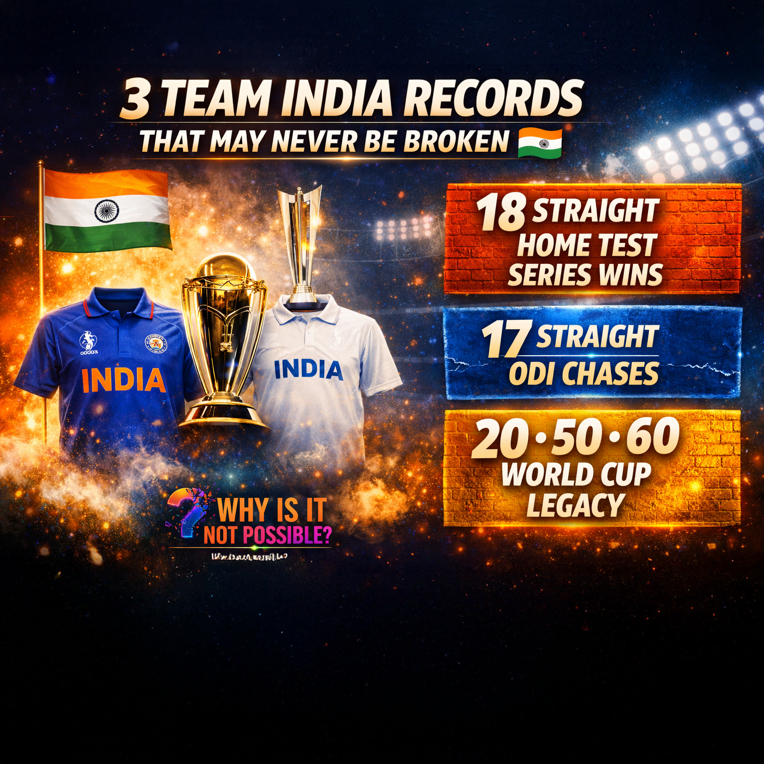 Team India records showing 18 straight home Test series wins 17 straight ODI chases and World Cup legacy milestones