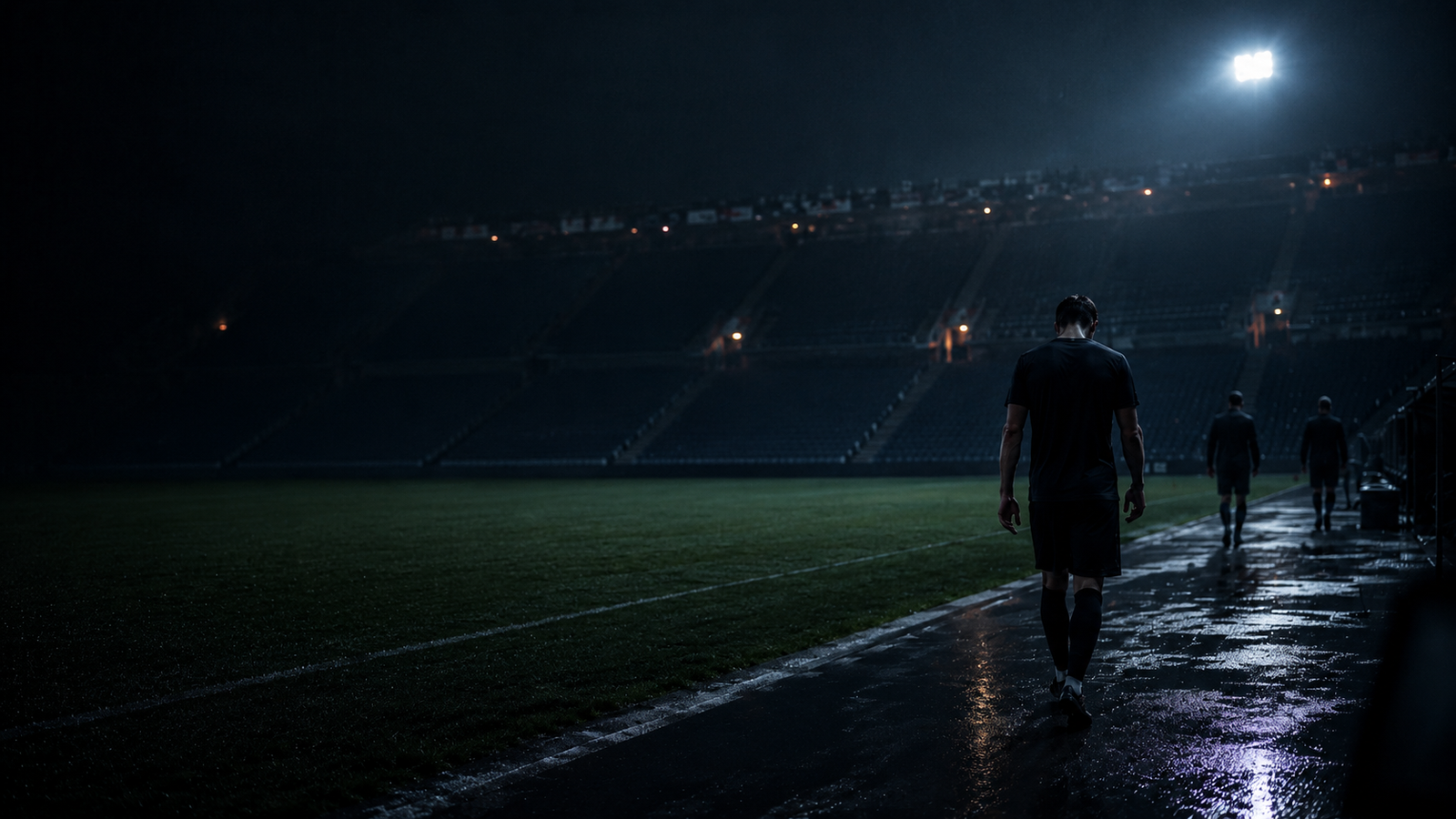 An anonymous football player walks away along a wet sideline in a dark, empty stadium, symbolizing the quiet decline of a once-dominant team.