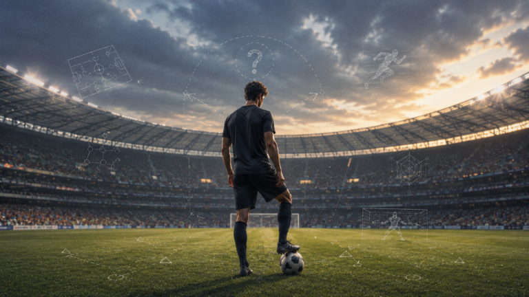 Anonymous footballer in a stadium surrounded by tactical diagrams showing why a perfect football player cannot exist