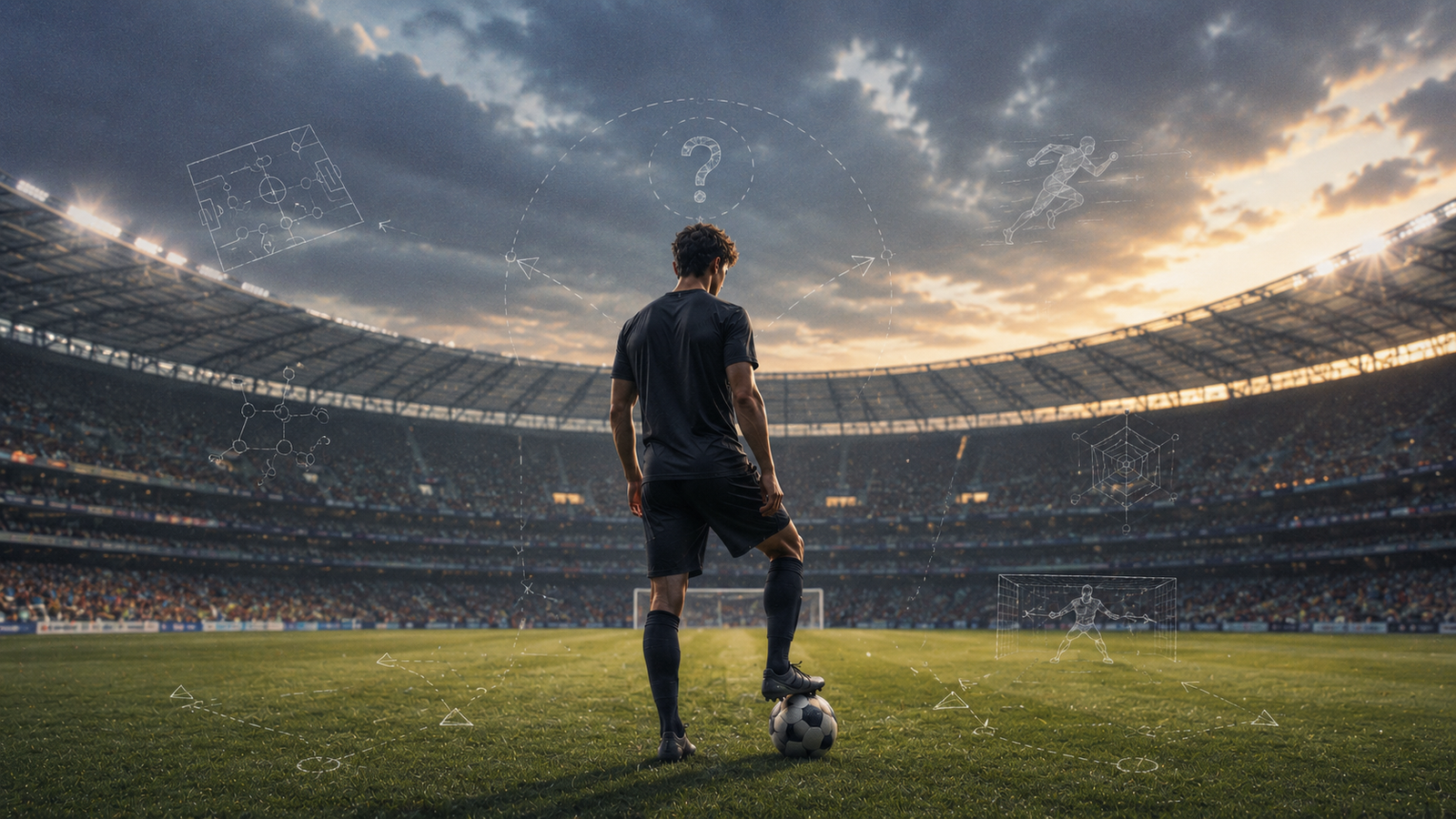 Anonymous footballer in a stadium surrounded by tactical diagrams showing why a perfect football player cannot exist