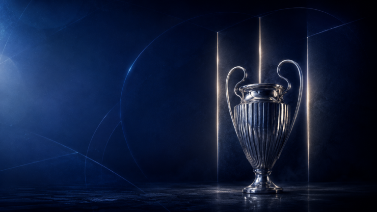 Symbolic silver football trophy under three glowing light panels, representing the challenge of winning three consecutive Champions League titles.