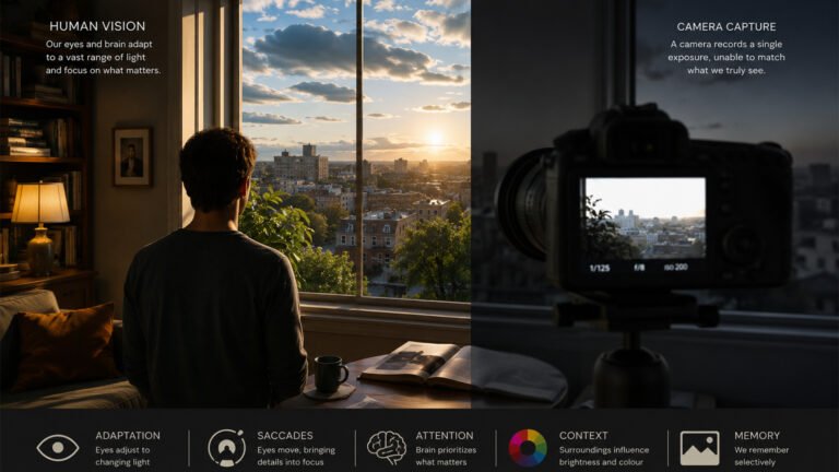Cameras cannot capture the world exactly as human eyes see it because eyes adapt to light while cameras record a limited exposure.