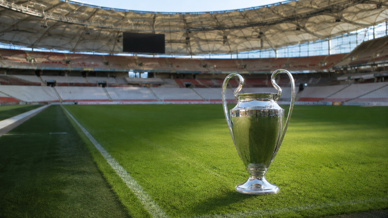 Silver European trophy on a football pitch inside an empty stadium, representing Champions League records.